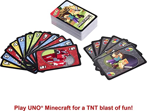 UNO Minecraft Card Game – 112 Cards with Creeper Action, Storage Tin, for 2-10 Players Ages 7+