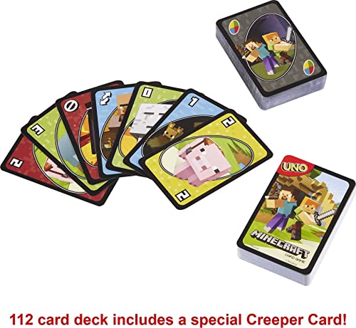 UNO Minecraft Card Game – 112 Cards with Creeper Action, Storage Tin, for 2-10 Players Ages 7+