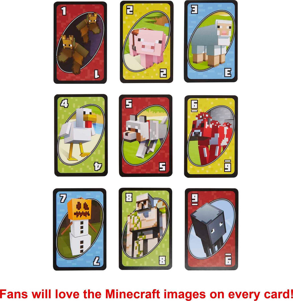 UNO Minecraft Card Game – 112 Cards with Creeper Action, Storage Tin, for 2-10 Players Ages 7+