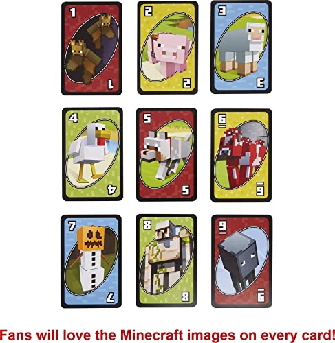 UNO Minecraft Card Game – 112 Cards with Creeper Action, Storage Tin, for 2-10 Players Ages 7+