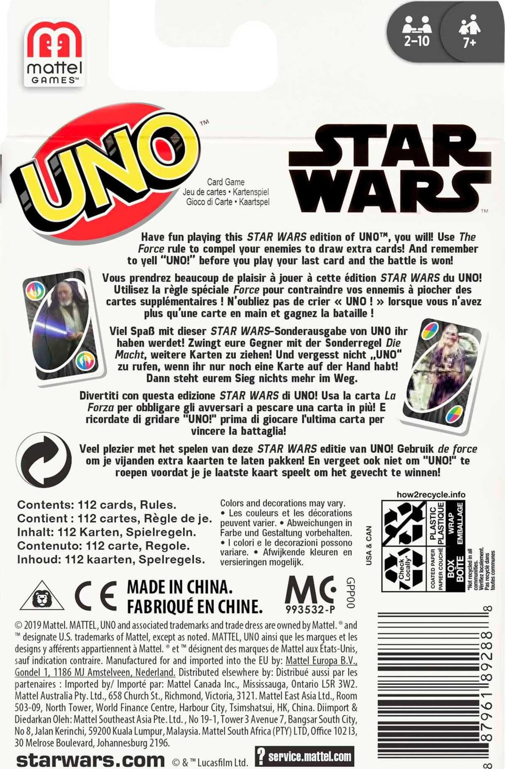 UNO Star Wars Card Game – 112 Cards with The Force Wild Card, Matching Game for Ages 7+