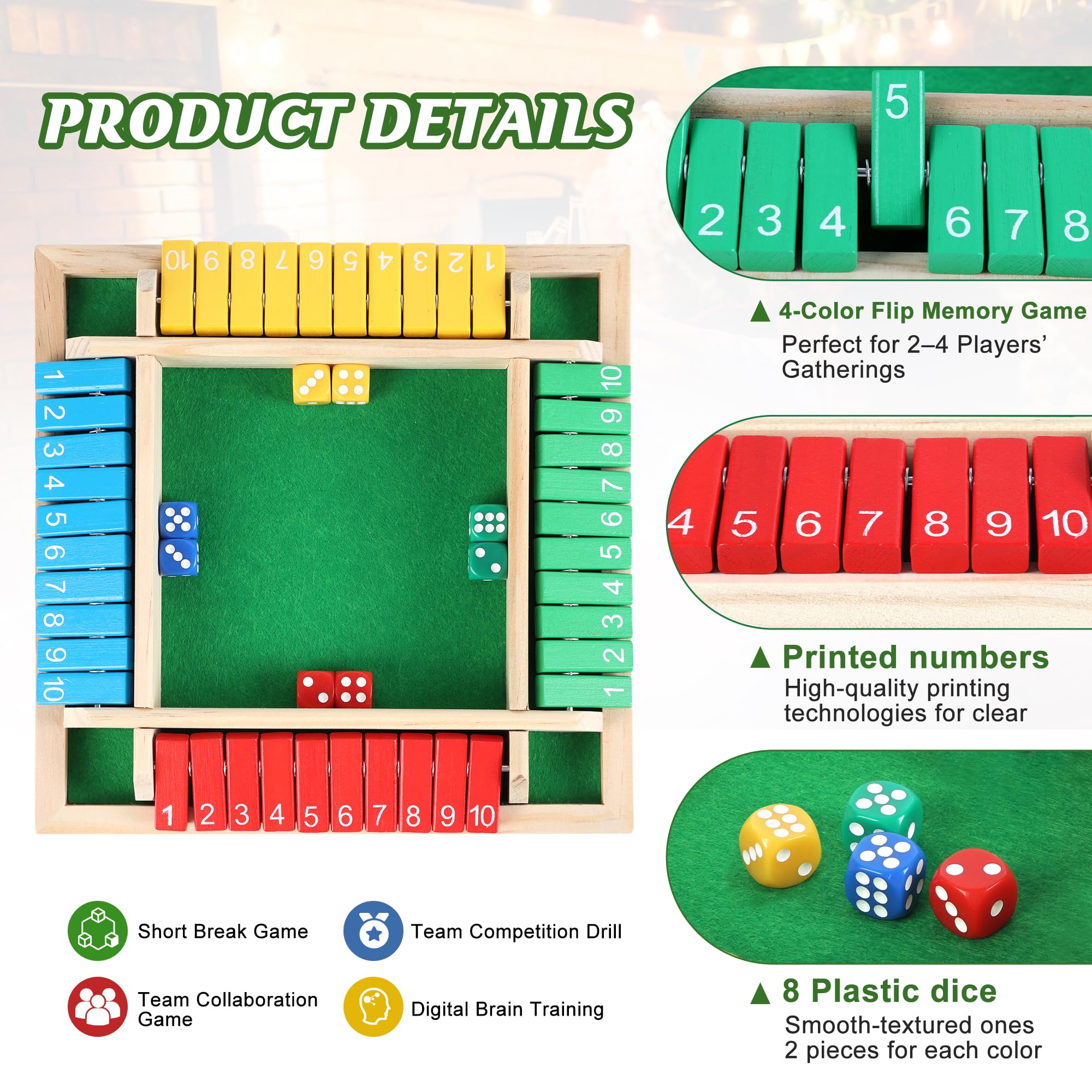 Uowivi Shut the Box – Wooden Dice Game for 2-4 Players, Math & Strategy Game