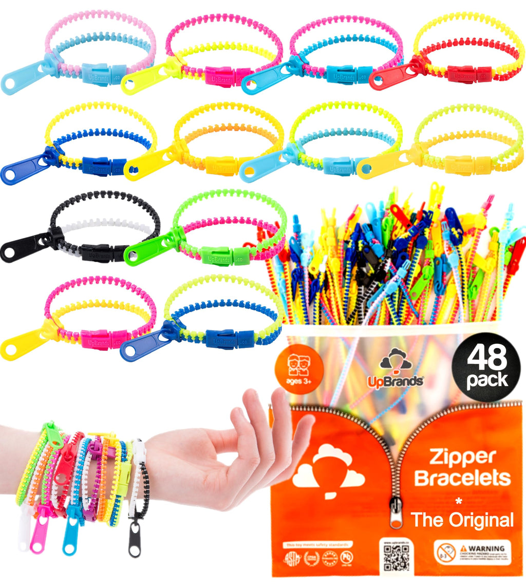 UpBrands 48-Pack Fidget Zipper Bracelets – 7.5" Neon Sensory Party Favors for Kids