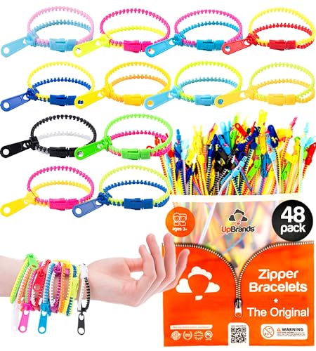 UpBrands 48-Pack Fidget Zipper Bracelets – 7.5" Neon Sensory Party Favors for Kids