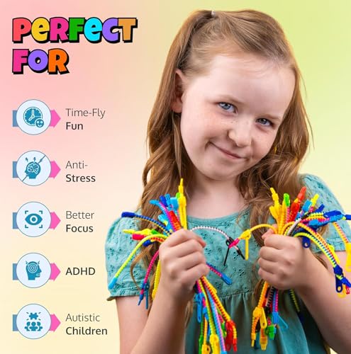UpBrands 48-Pack Fidget Zipper Bracelets – 7.5" Neon Sensory Party Favors for Kids
