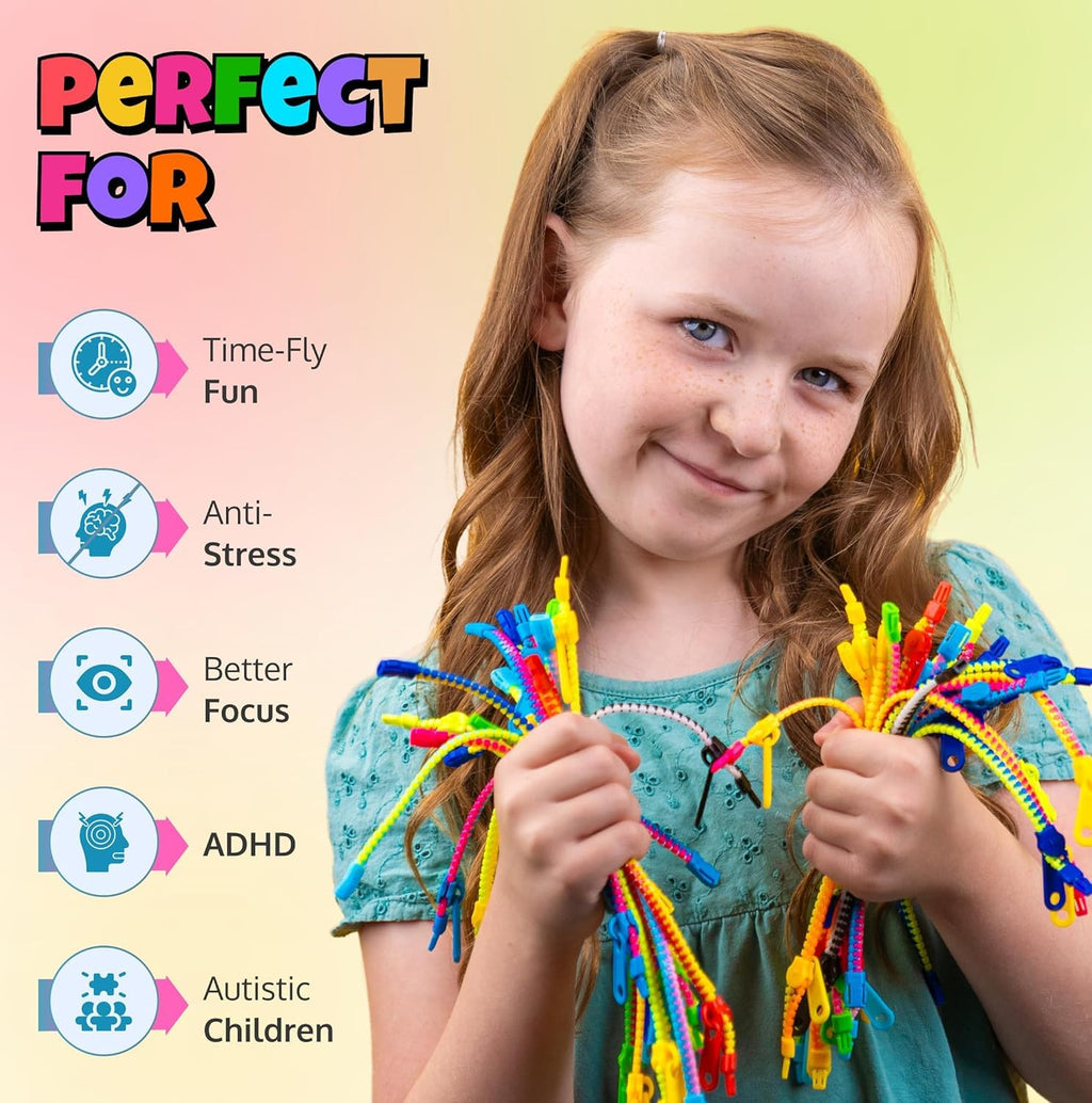 UpBrands 48-Pack Fidget Zipper Bracelets – 7.5" Neon Sensory Party Favors for Kids