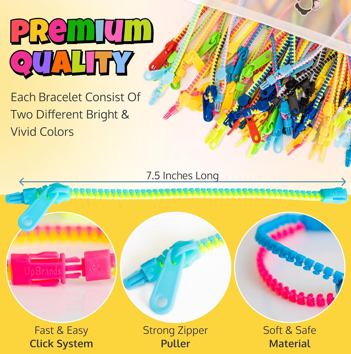 UpBrands 48-Pack Fidget Zipper Bracelets – 7.5" Neon Sensory Party Favors for Kids