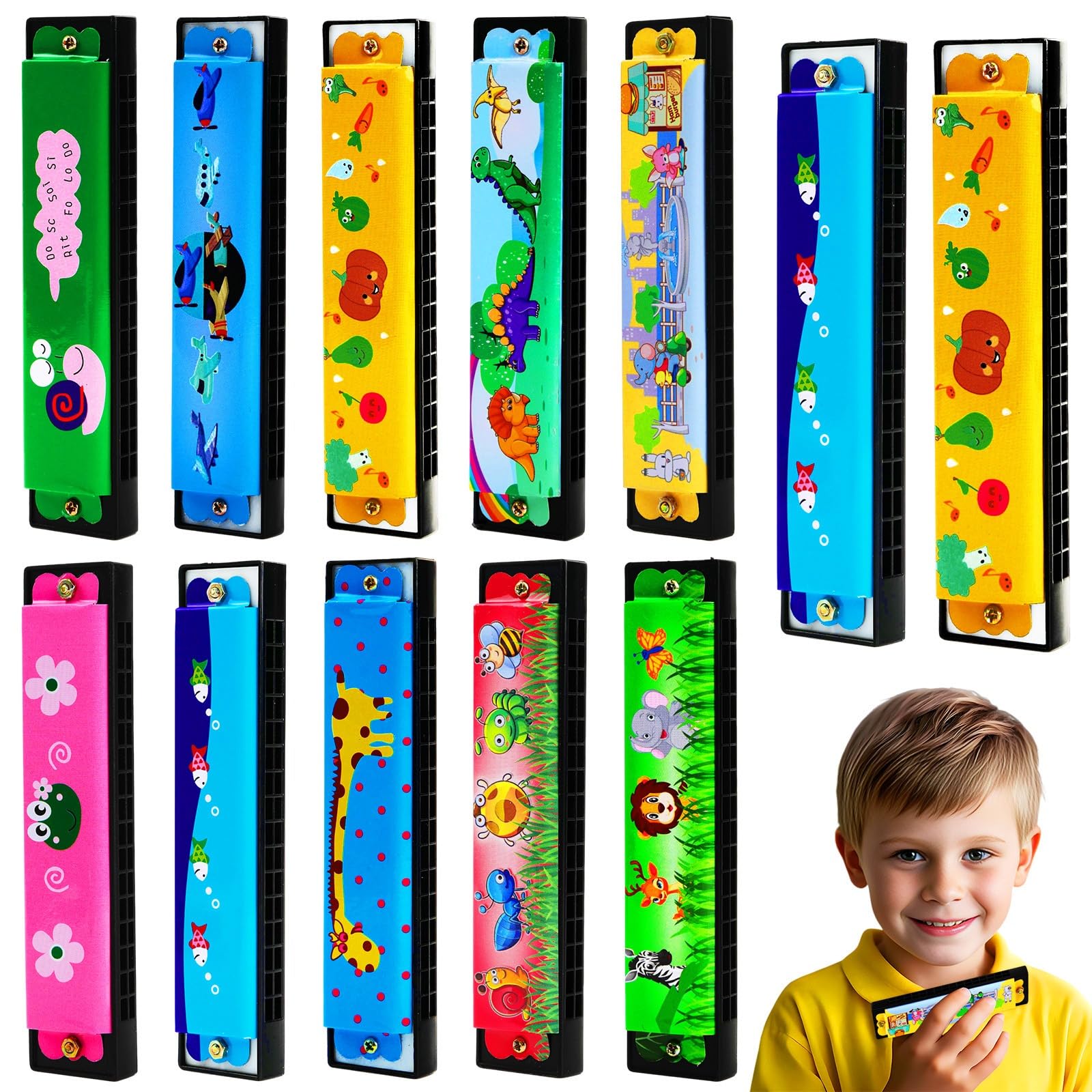 UPINS 10-Pack 16-Hole Cartoon Harmonicas for Beginners - Colorful Plastic & Metal Harmonicas for Kids, Music Class, and Party Favors