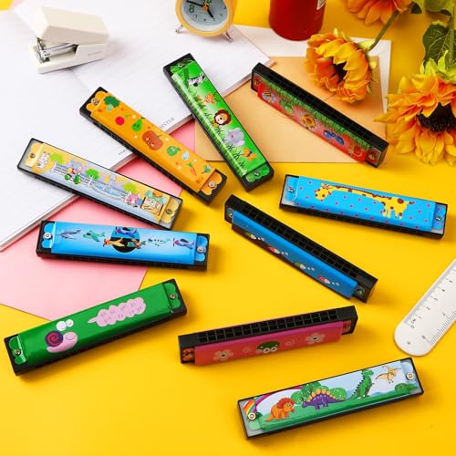 UPINS 10-Pack 16-Hole Cartoon Harmonicas for Beginners - Colorful Plastic & Metal Harmonicas for Kids, Music Class, and Party Favors
