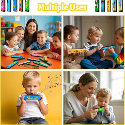 UPINS 10-Pack 16-Hole Cartoon Harmonicas for Beginners - Colorful Plastic & Metal Harmonicas for Kids, Music Class, and Party Favors