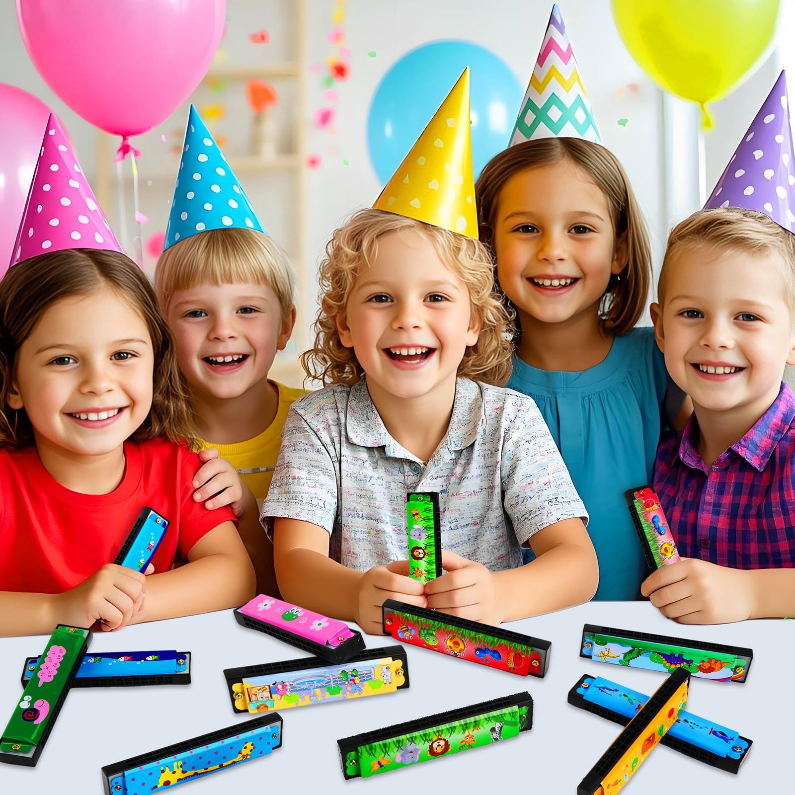 UPINS 10-Pack 16-Hole Cartoon Harmonicas for Beginners - Colorful Plastic & Metal Harmonicas for Kids, Music Class, and Party Favors