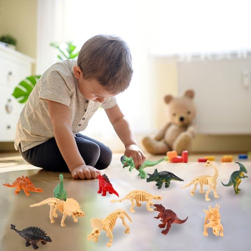 UPINS 24-Piece Mini Dinosaur Figures & Fossil Skeletons Set - Plastic Dino Bones with Storage Box, Educational Gift for Kids