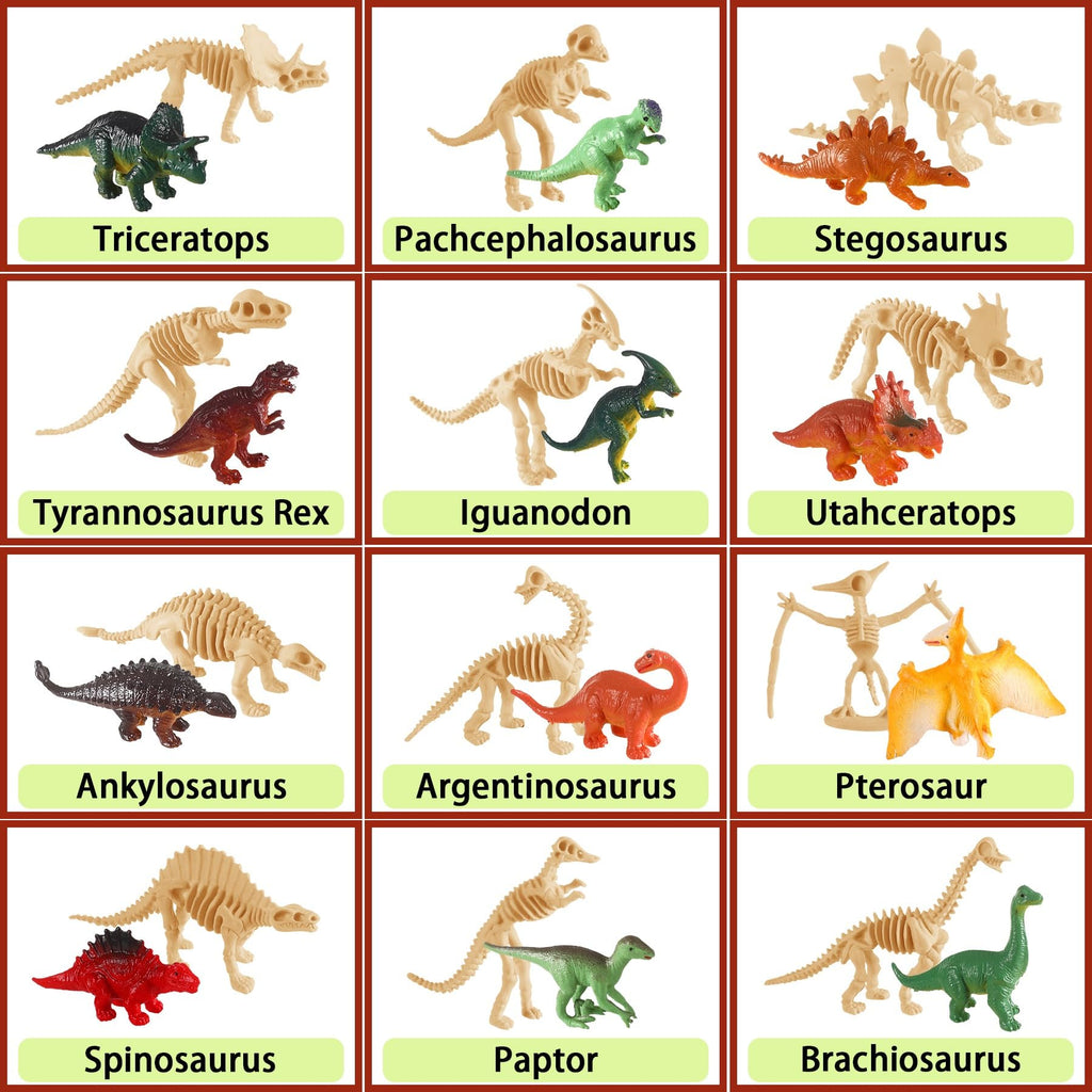 UPINS 24-Piece Mini Dinosaur Figures & Fossil Skeletons Set - Plastic Dino Bones with Storage Box, Educational Gift for Kids