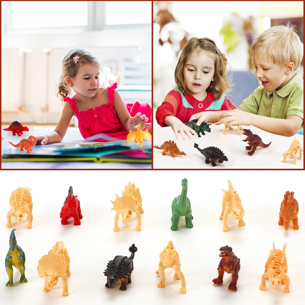 UPINS 24-Piece Mini Dinosaur Figures & Fossil Skeletons Set - Plastic Dino Bones with Storage Box, Educational Gift for Kids