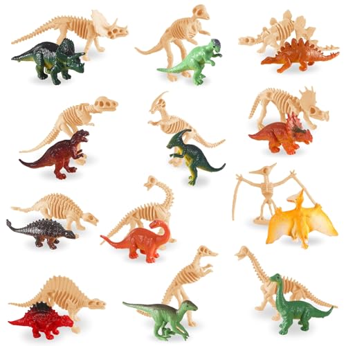 UPINS 24-Piece Mini Dinosaur Figures & Fossil Skeletons Set - Plastic Dino Bones with Storage Box, Educational Gift for Kids