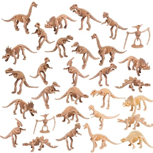 UPINS 30-Pack Dinosaur Skeleton Figures - 3.7 Inch Assorted Plastic Dino Bones for Sand Dig, Party Favors, Educational Play