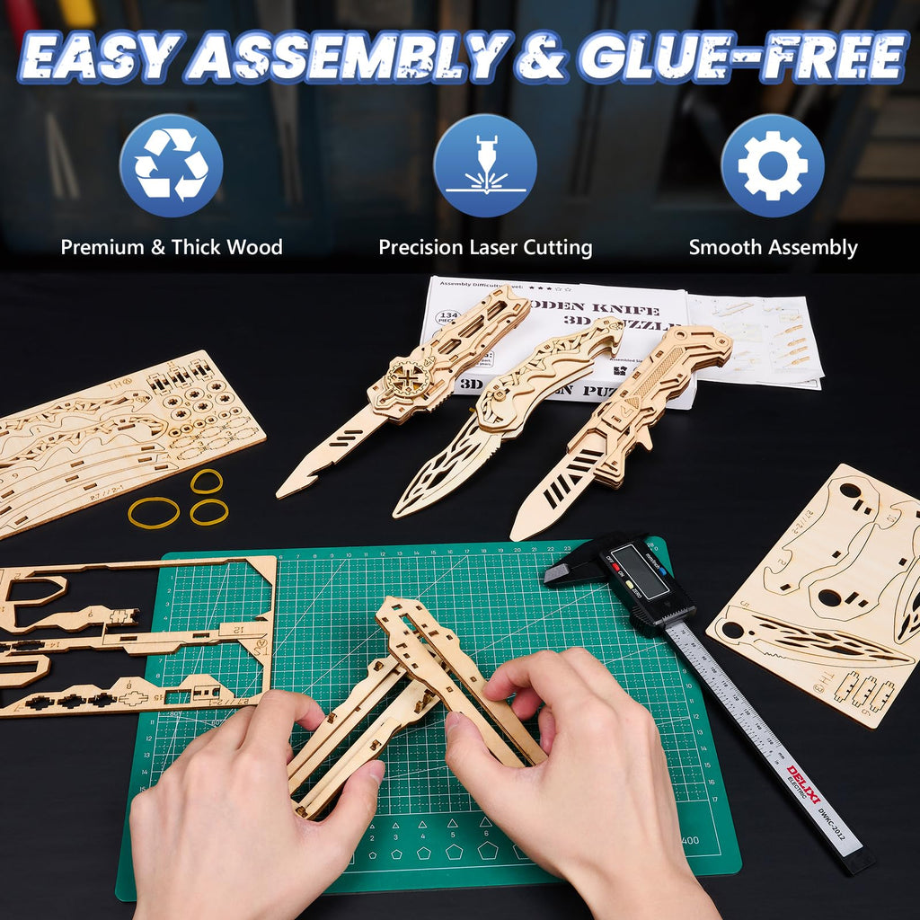 UPLIKE 3-in-1 Wooden Puzzle Knife Set: 134-Piece DIY Mechanical Model for Adults & Teens