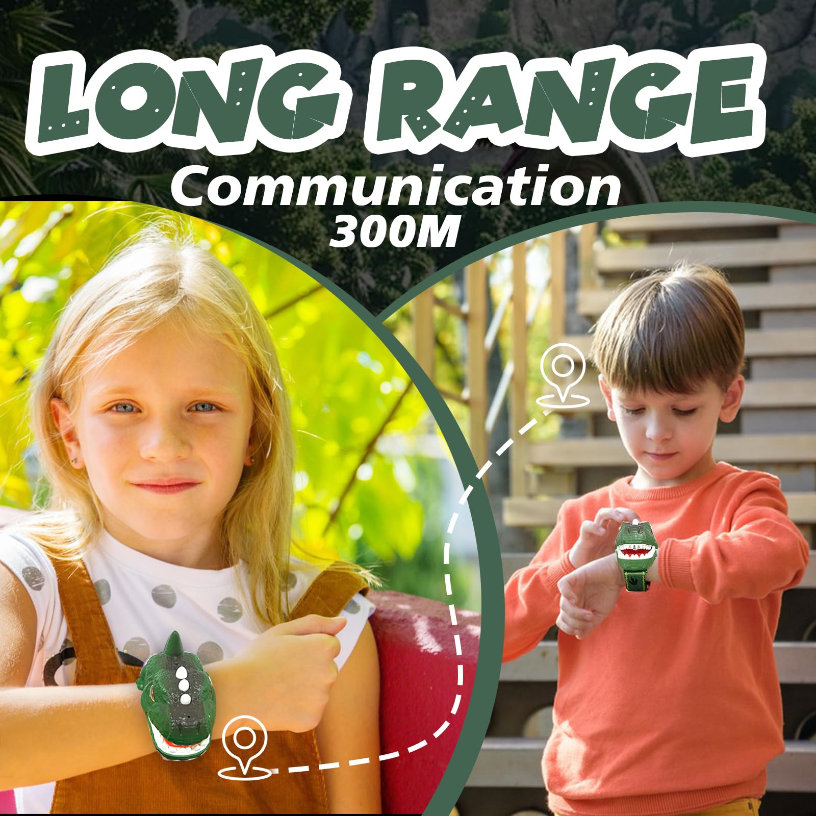 UPSIME Rechargeable Dinosaur Walkie Talkies for Kids – 2 Pack T-Rex Watch Style, 300m Range