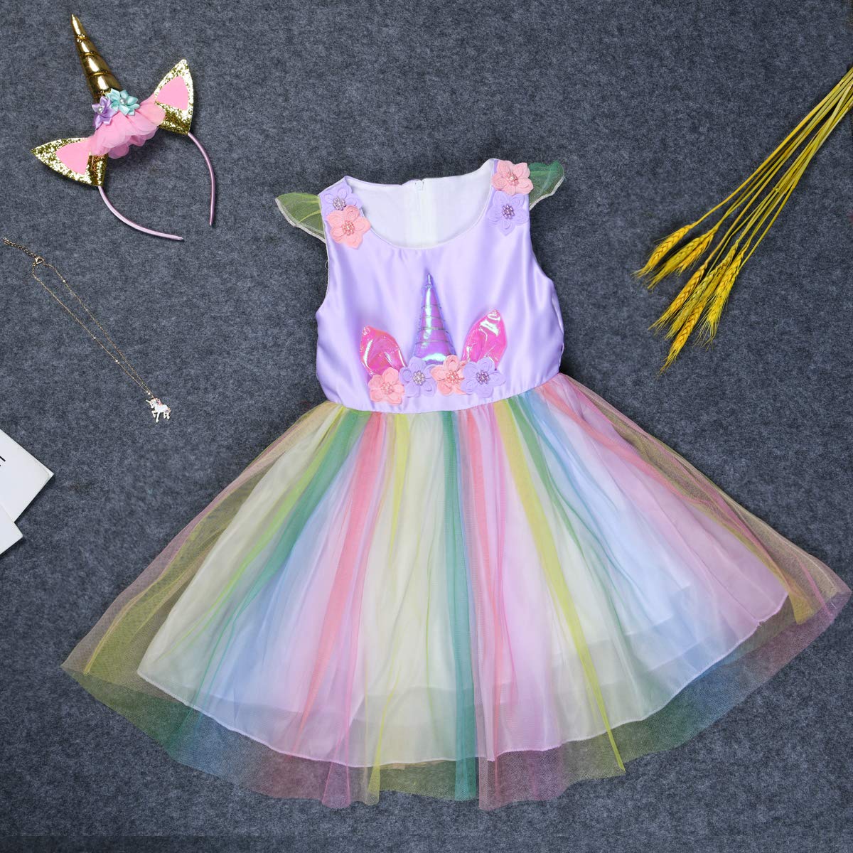 URAQT Unicorn Costume Set for Girls – Princess Dress with Necklace & Headband