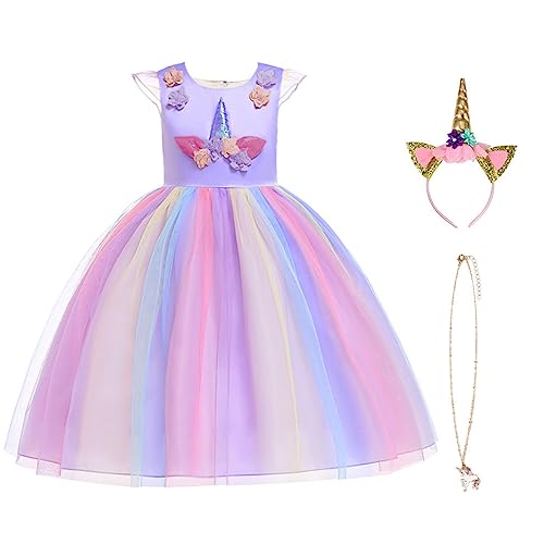 URAQT Unicorn Costume Set for Girls – Princess Dress with Necklace & Headband