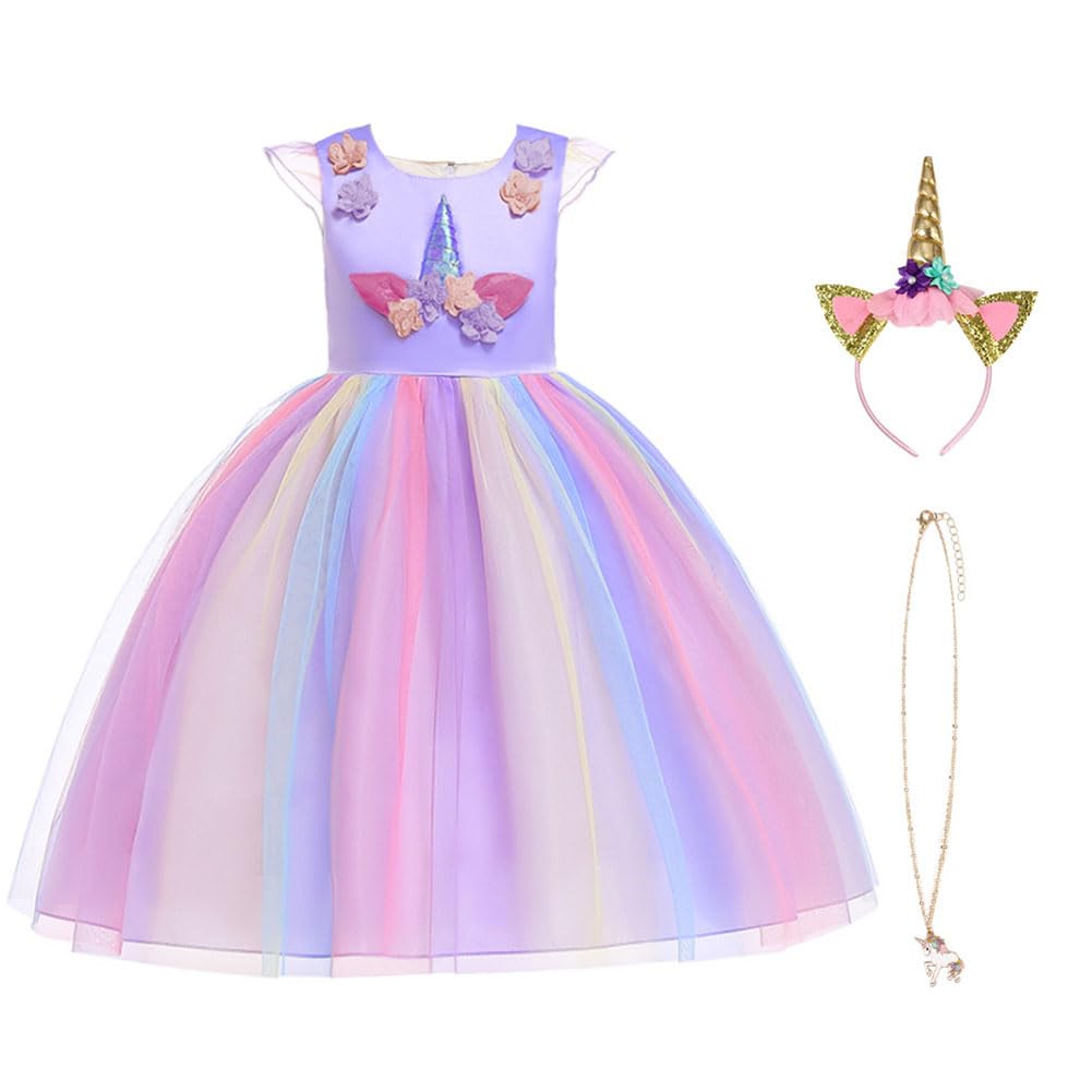 URAQT Unicorn Princess Dress Set with Necklace and Headband for Girls Toddlers