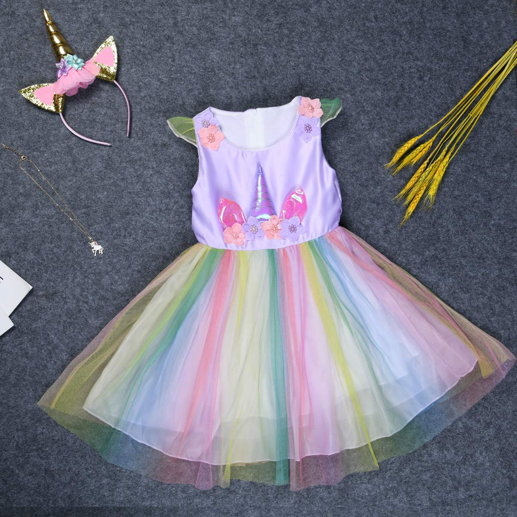 URAQT Unicorn Princess Dress Set with Necklace and Headband for Girls Toddlers