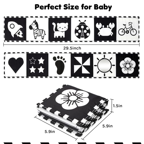 URMYWO High Contrast Black and White Baby Book for Tummy Time - Soft Cloth Toy with Mirror for Newborns 0-12 Months