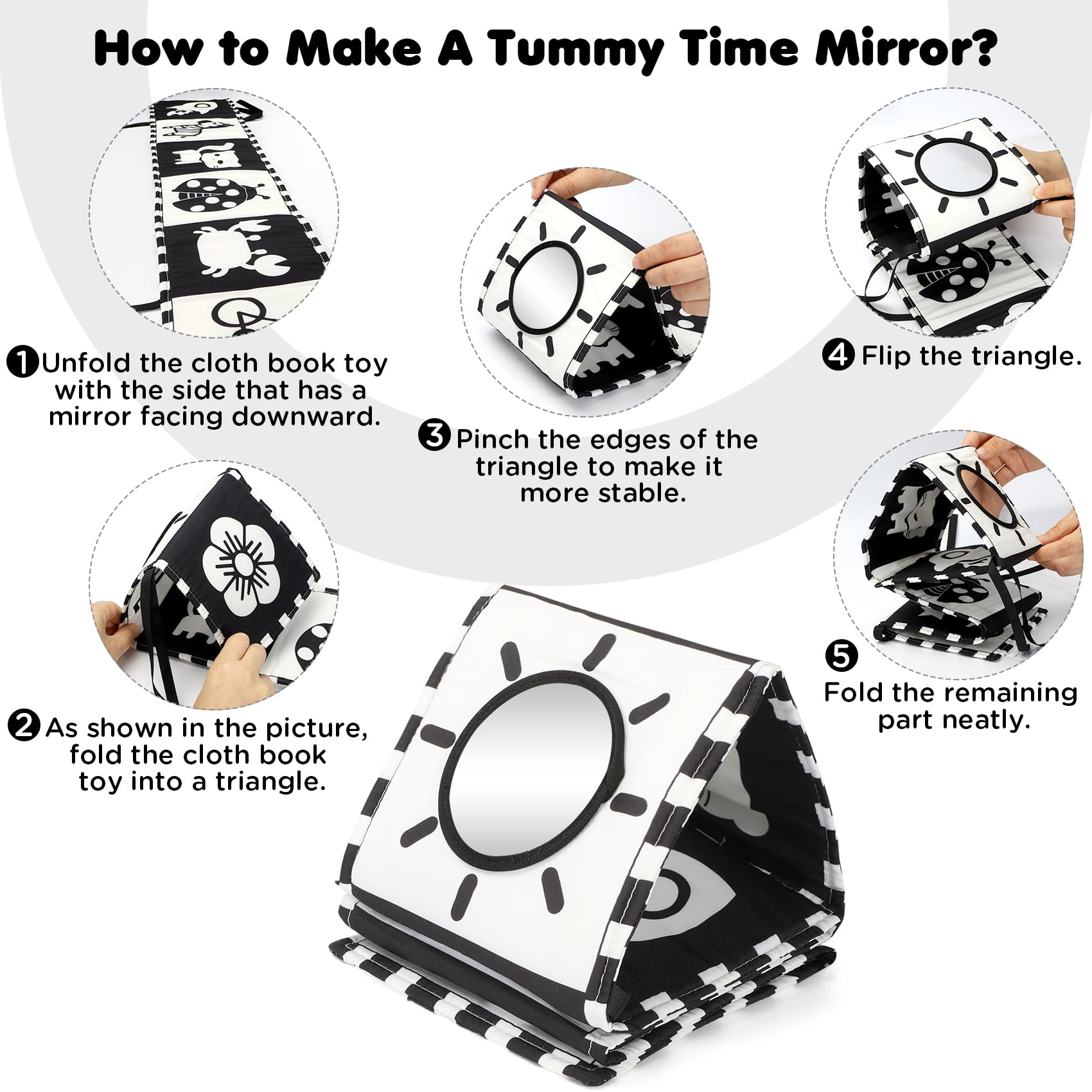 URMYWO High Contrast Black and White Baby Book for Tummy Time - Soft Cloth Toy with Mirror for Newborns 0-12 Months