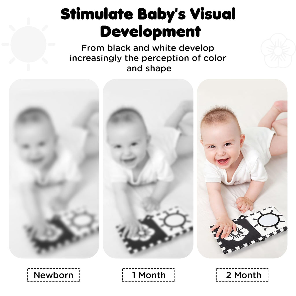 URMYWO High Contrast Black and White Baby Book for Tummy Time - Soft Cloth Toy with Mirror for Newborns 0-12 Months