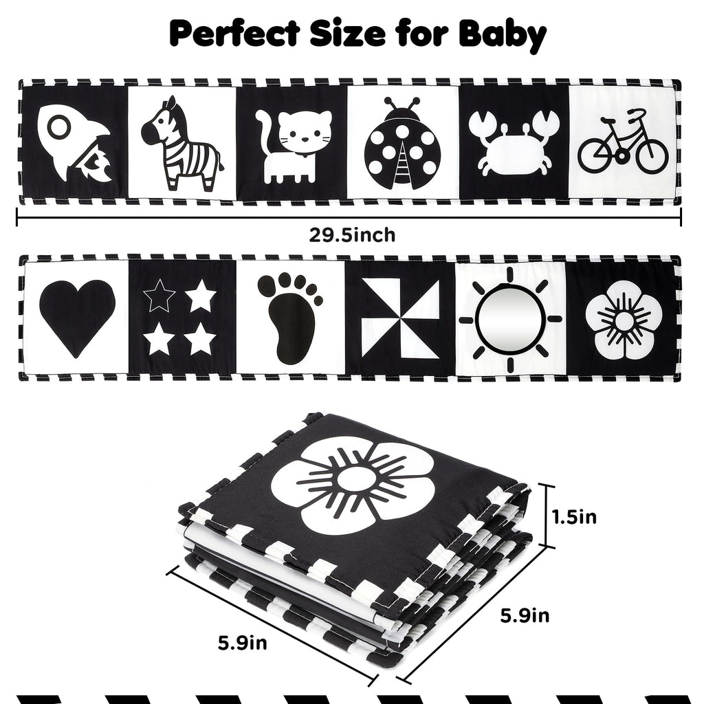 URMYWO High Contrast Black and White Baby Book for Tummy Time - Soft Cloth Toy with Mirror for Newborns 0-12 Months