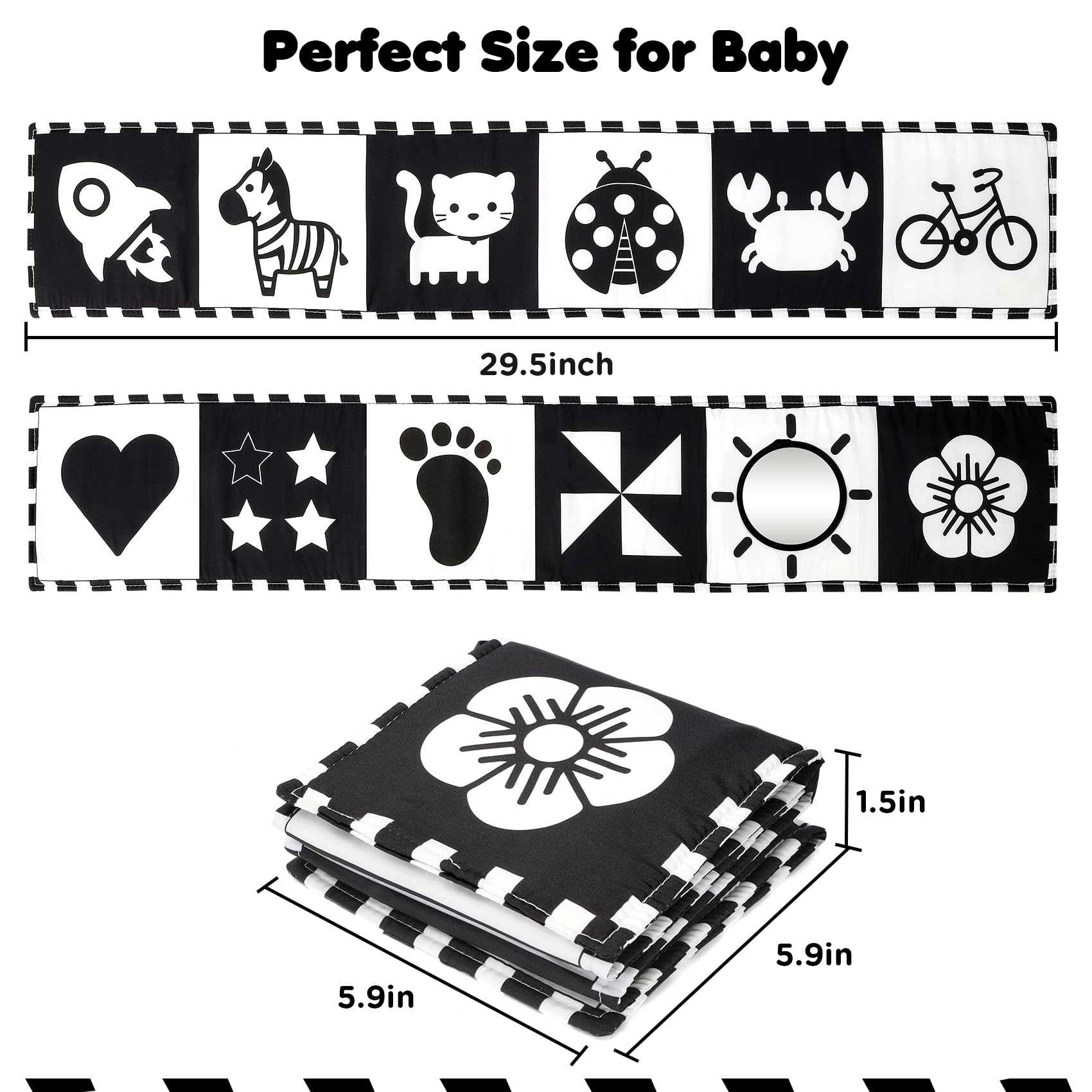URMYWO High Contrast Black and White Baby Book for Tummy Time - Soft Cloth Toy with Mirror for Newborns 0-12 Months