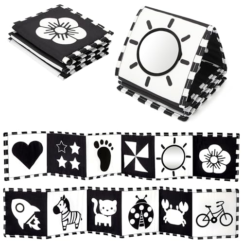URMYWO High Contrast Black and White Baby Book for Tummy Time - Soft Cloth Toy with Mirror for Newborns 0-12 Months