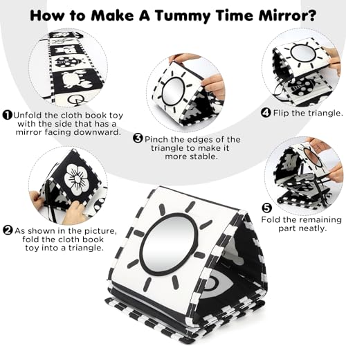URMYWO High Contrast Black and White Baby Book for Tummy Time - Soft Cloth Toy with Mirror for Newborns 0-12 Months