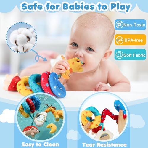 URMYWO Spiral Car Seat Toys for Babies 0-6 Months – Sensory Hanging Stroller Toy with Crinkle Mirror and Rattles