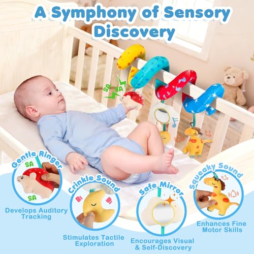 URMYWO Spiral Car Seat Toys for Babies 0-6 Months – Sensory Hanging Stroller Toy with Crinkle Mirror and Rattles