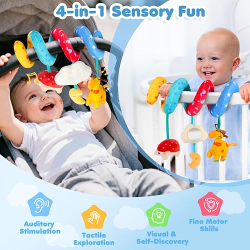 URMYWO Spiral Car Seat Toys for Babies 0-6 Months – Sensory Hanging Stroller Toy with Crinkle Mirror and Rattles