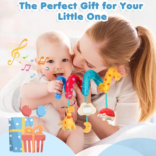 URMYWO Spiral Car Seat Toys for Babies 0-6 Months – Sensory Hanging Stroller Toy with Crinkle Mirror and Rattles