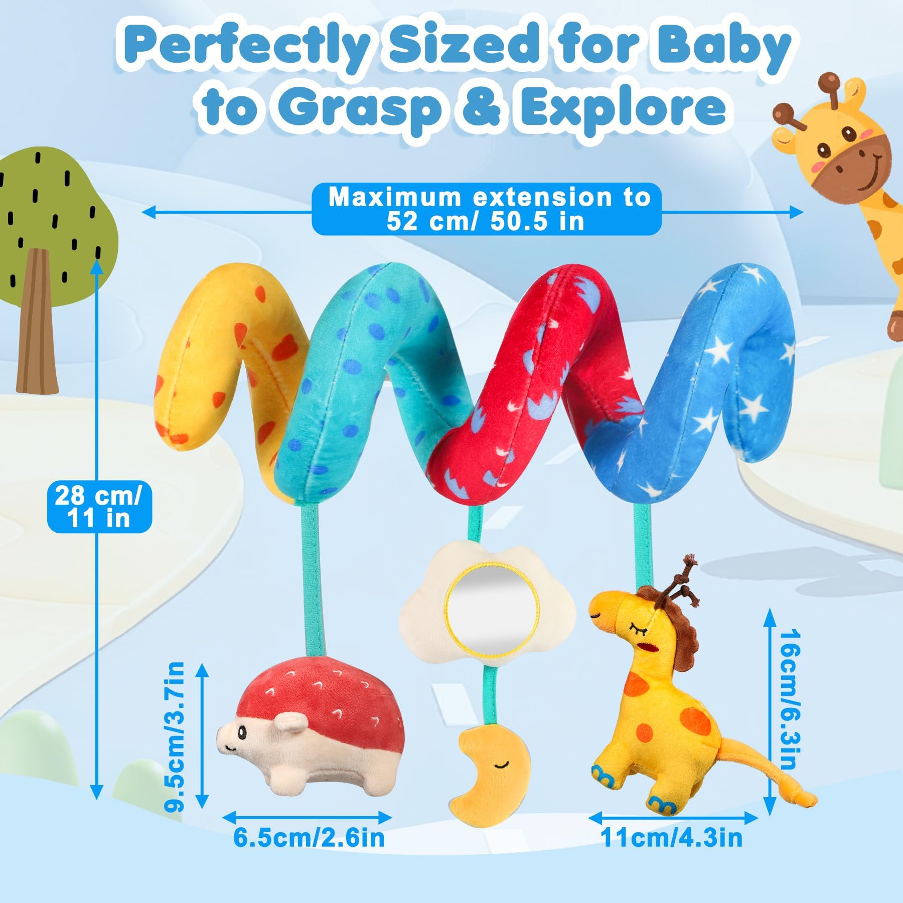 URMYWO Spiral Car Seat Toys for Babies 0-6 Months – Sensory Hanging Stroller Toy with Crinkle Mirror and Rattles