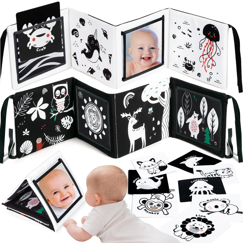 URMYWO Tummy Time Mirror Toy Set with High Contrast Cards and Soft Book, Black and White Visual Stimulation for Newborns 0-12 Months