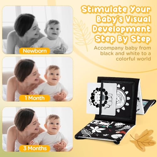URMYWO Tummy Time Mirror Toy Set with High Contrast Cards and Soft Book, Black and White Visual Stimulation for Newborns 0-12 Months
