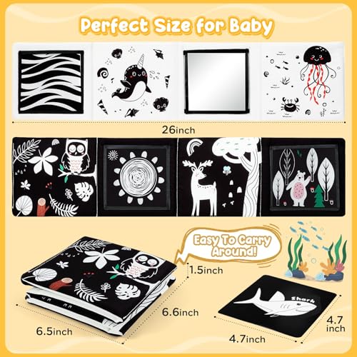 URMYWO Tummy Time Mirror Toy Set with High Contrast Cards and Soft Book, Black and White Visual Stimulation for Newborns 0-12 Months