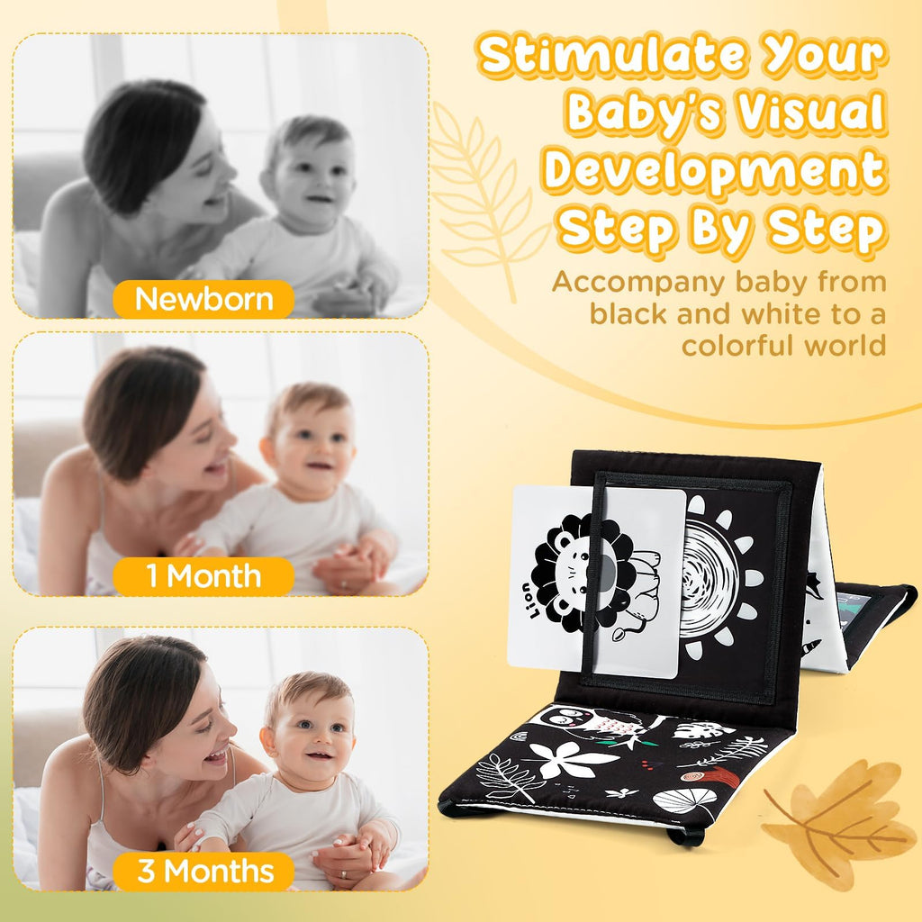 URMYWO Tummy Time Mirror Toy Set with High Contrast Cards and Soft Book, Black and White Visual Stimulation for Newborns 0-12 Months