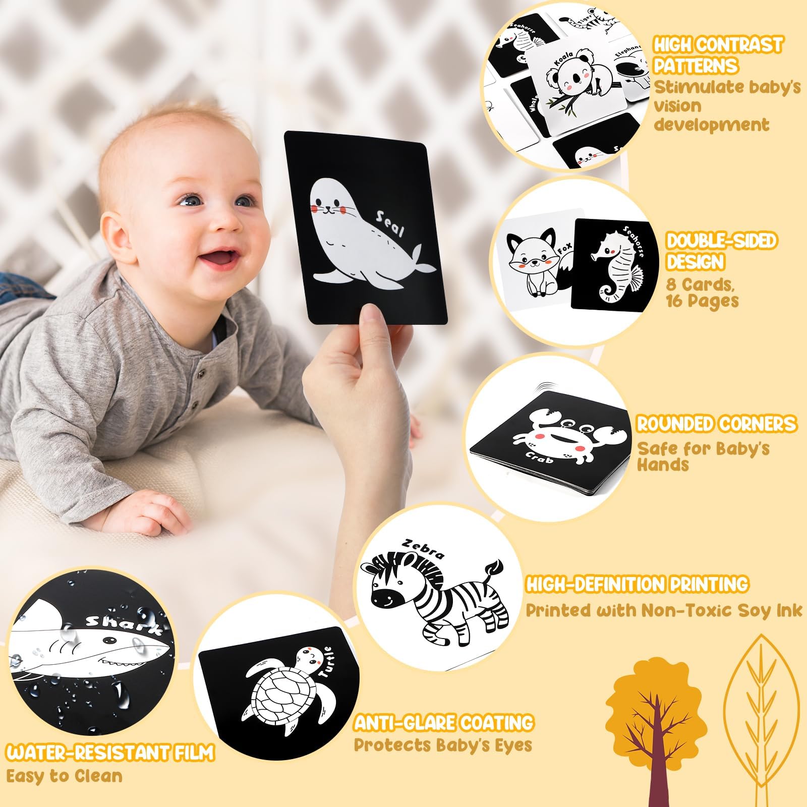 URMYWO Tummy Time Mirror Toy Set with High Contrast Cards and Soft Book, Black and White Visual Stimulation for Newborns 0-12 Months