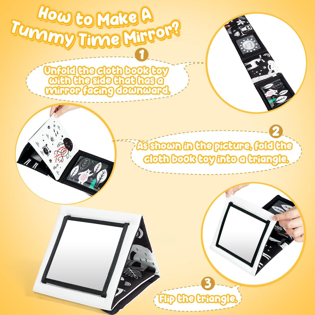 URMYWO Tummy Time Mirror Toy Set with High Contrast Cards and Soft Book, Black and White Visual Stimulation for Newborns 0-12 Months