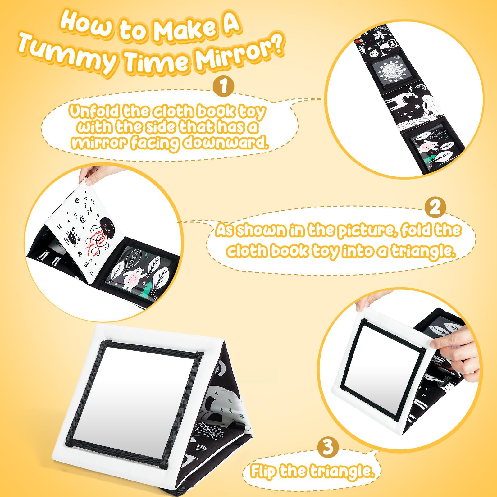 URMYWO Tummy Time Mirror Toy Set with High Contrast Cards and Soft Book, Black and White Visual Stimulation for Newborns 0-12 Months