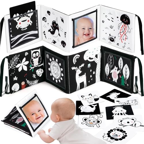 URMYWO Tummy Time Mirror Toy Set with High Contrast Cards and Soft Book, Black and White Visual Stimulation for Newborns 0-12 Months