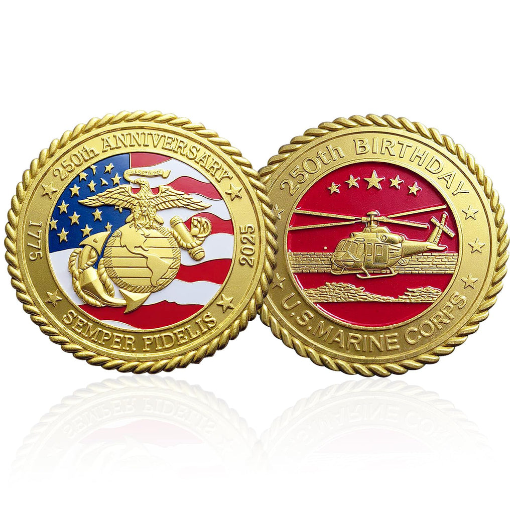 US Marine Corps 250th Anniversary Commemorative Coin – Gold-Plated Challenge Coin, 1.57 Inch