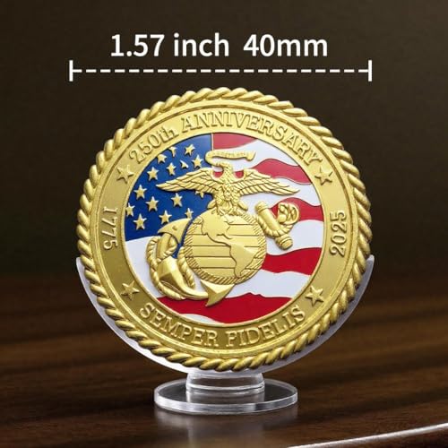 US Marine Corps 250th Anniversary Commemorative Coin – Gold-Plated Challenge Coin, 1.57 Inch