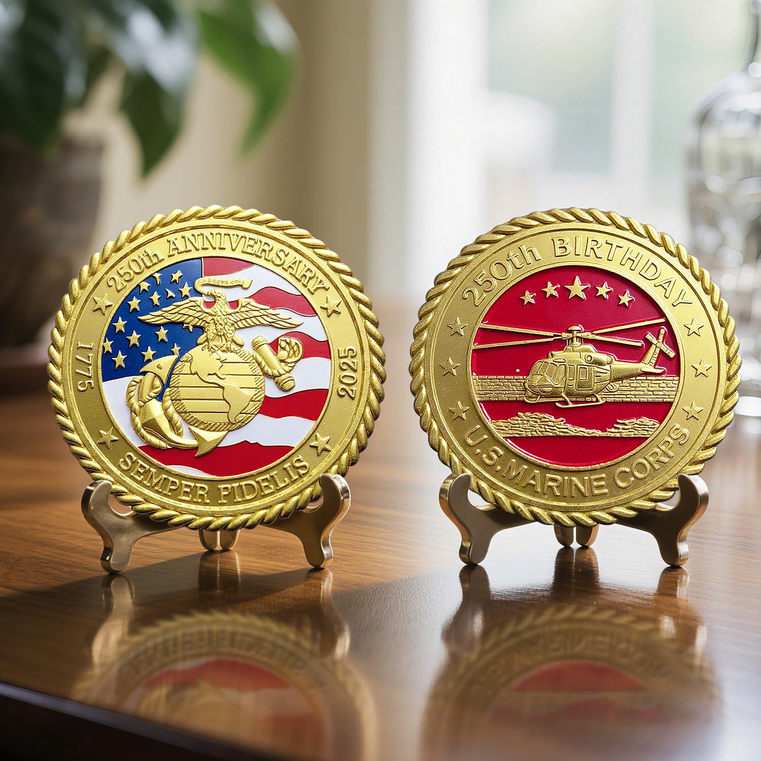 US Marine Corps 250th Anniversary Commemorative Coin – Gold-Plated Challenge Coin, 1.57 Inch