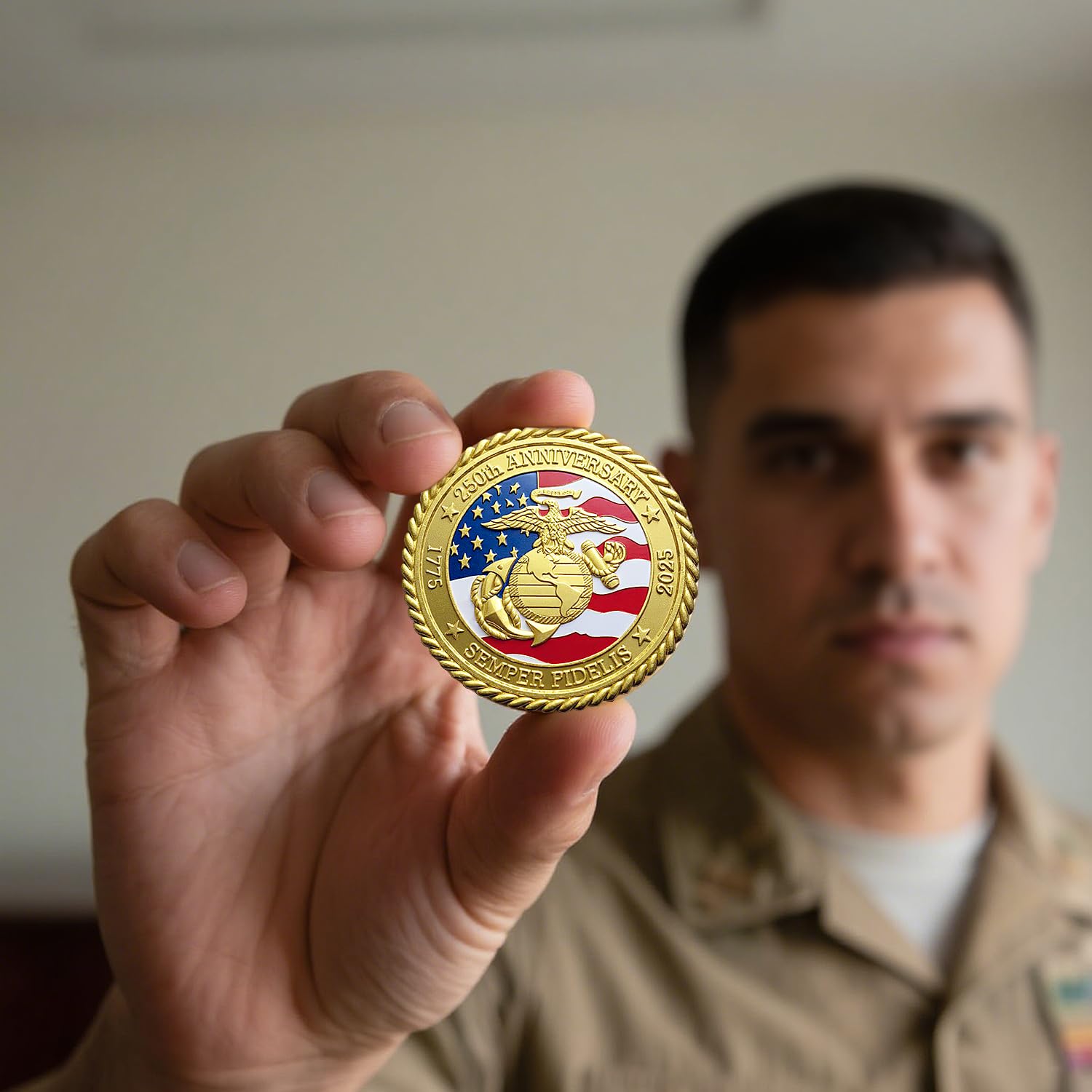 US Marine Corps 250th Anniversary Commemorative Coin – Gold-Plated Challenge Coin, 1.57 Inch